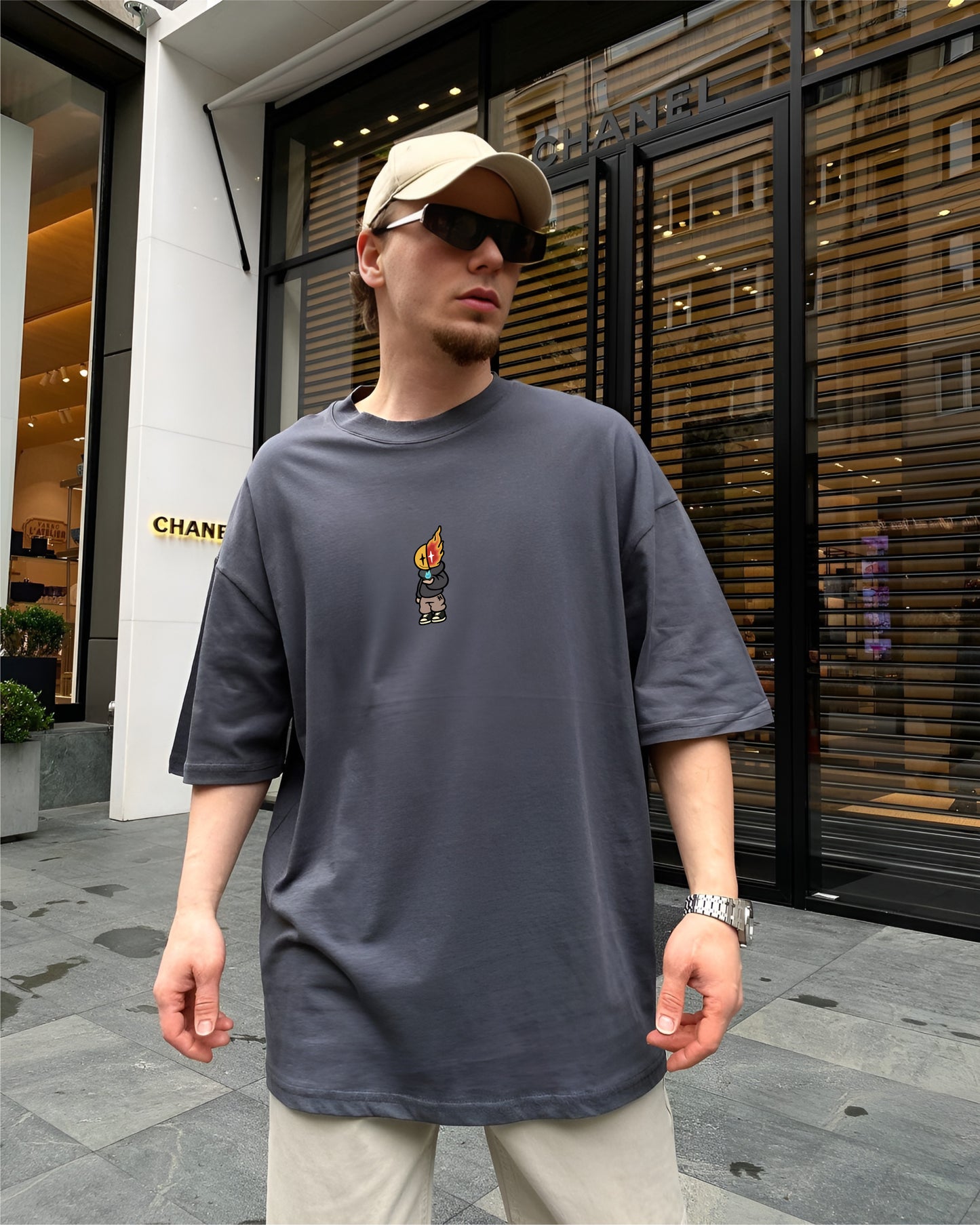 Grey "Fire Boy" Printed Oversize T-Shirt