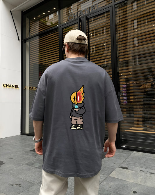 Grey "Fire Boy" Printed Oversize T-Shirt