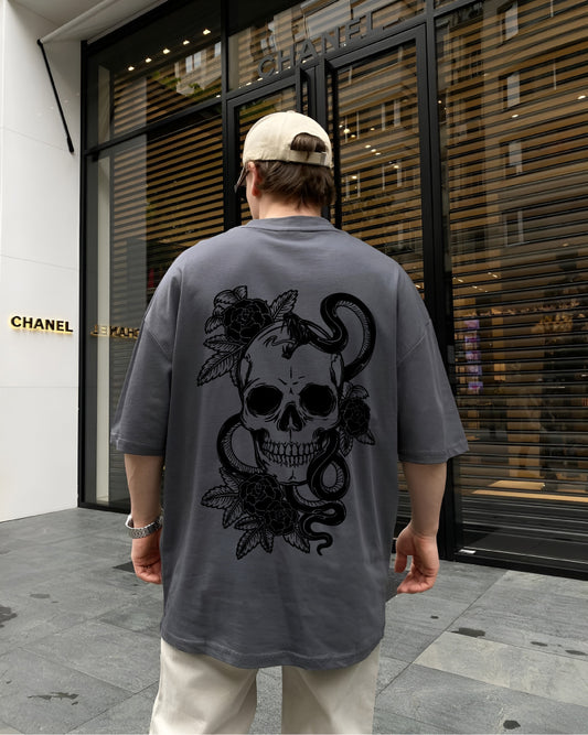 Grey "Skull" Printed Oversize T-Shirt