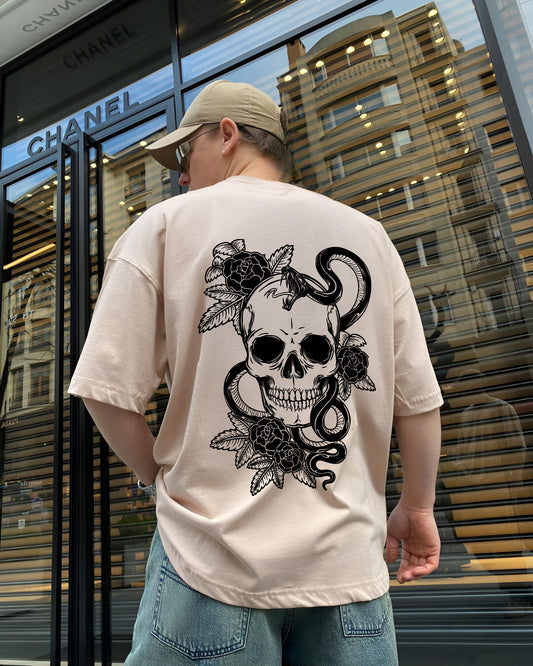 Beige "Skull" Printed Oversize T-Shirt