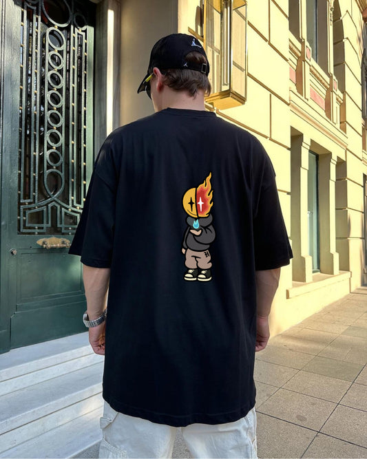 Black "Fire Boy" Printed Oversize T-Shirt