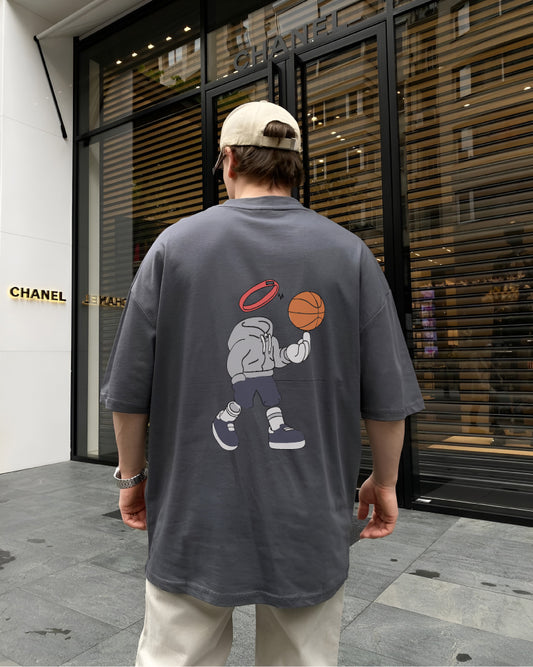 Grey "Basket angel" Printed Oversize T-Shirt