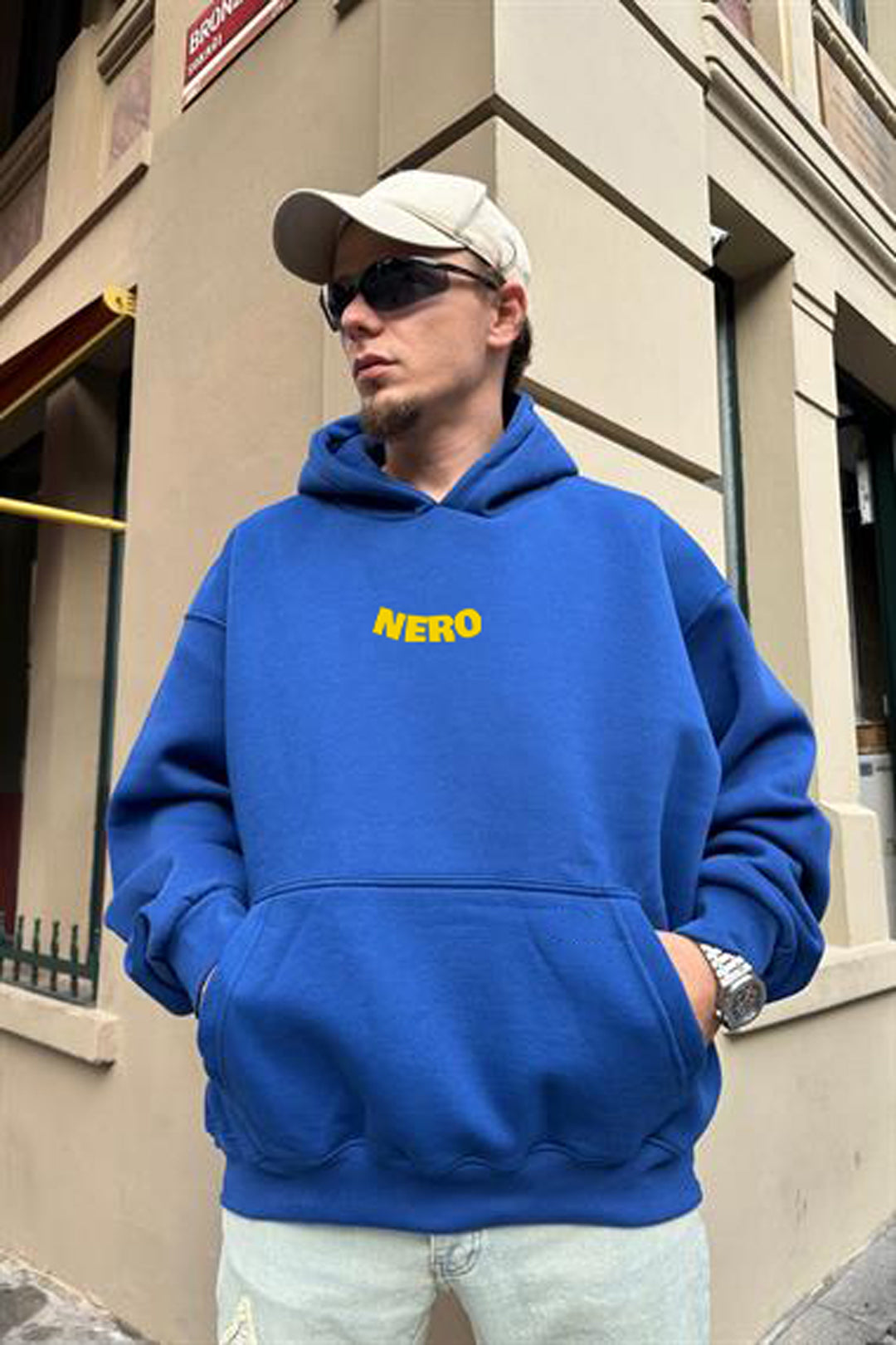 Royal-Blue "Tired" Printed Oversize Hoodie