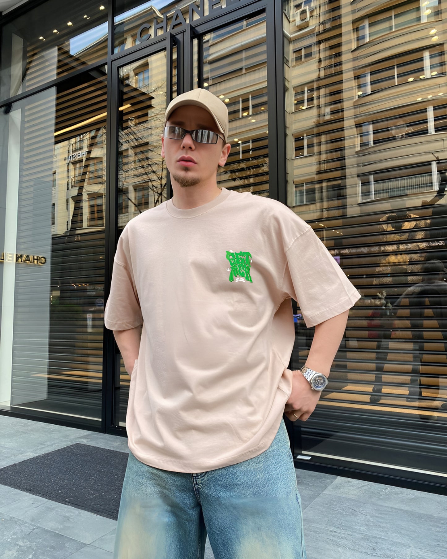 Beige "Get Rich" Printed Oversize T-Shirt