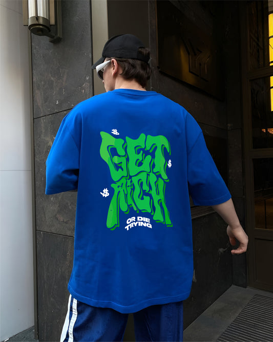 Blue "Get Rich" Printed Oversize T-Shirt