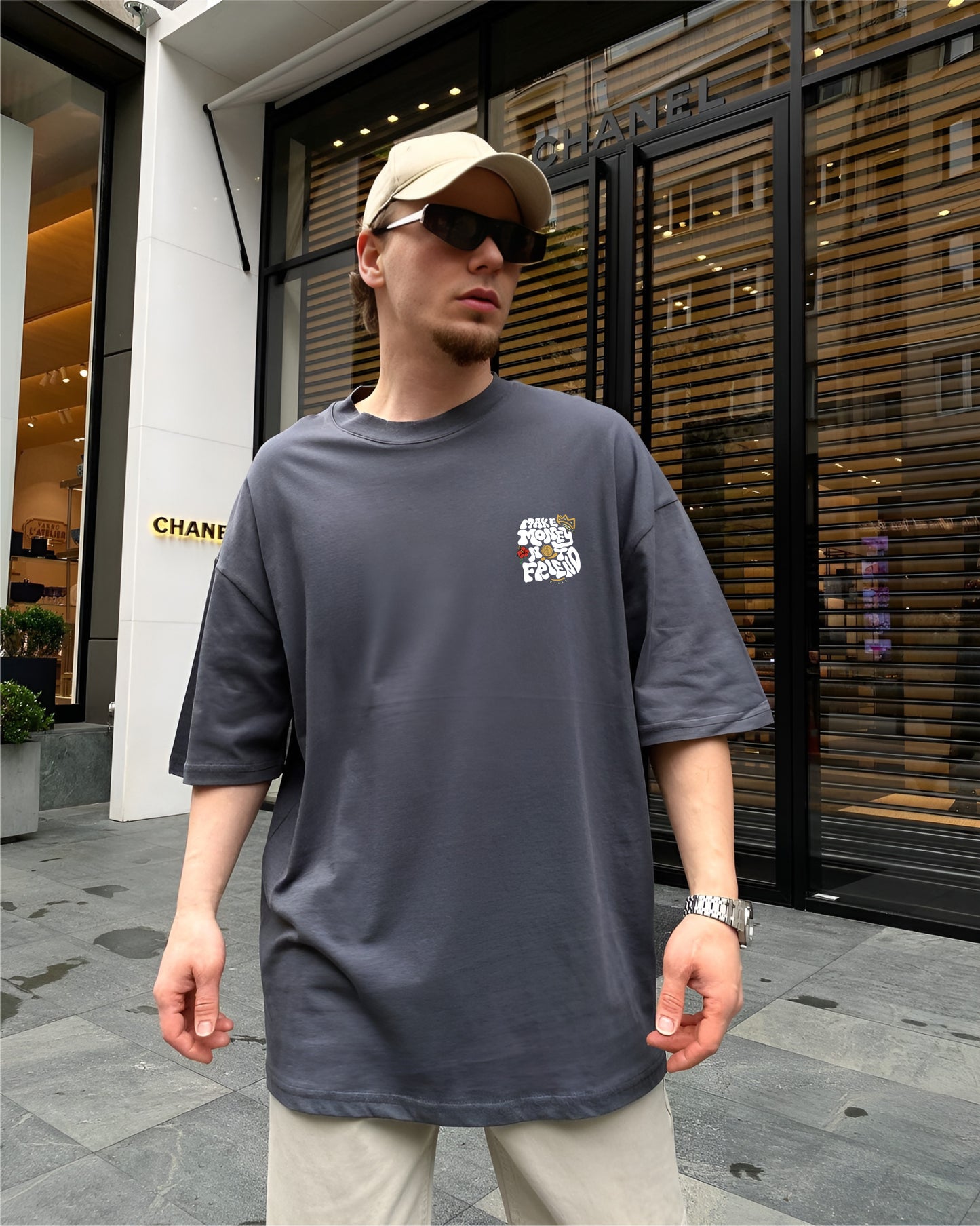 Grey "Money" Printed Oversize T-Shirt