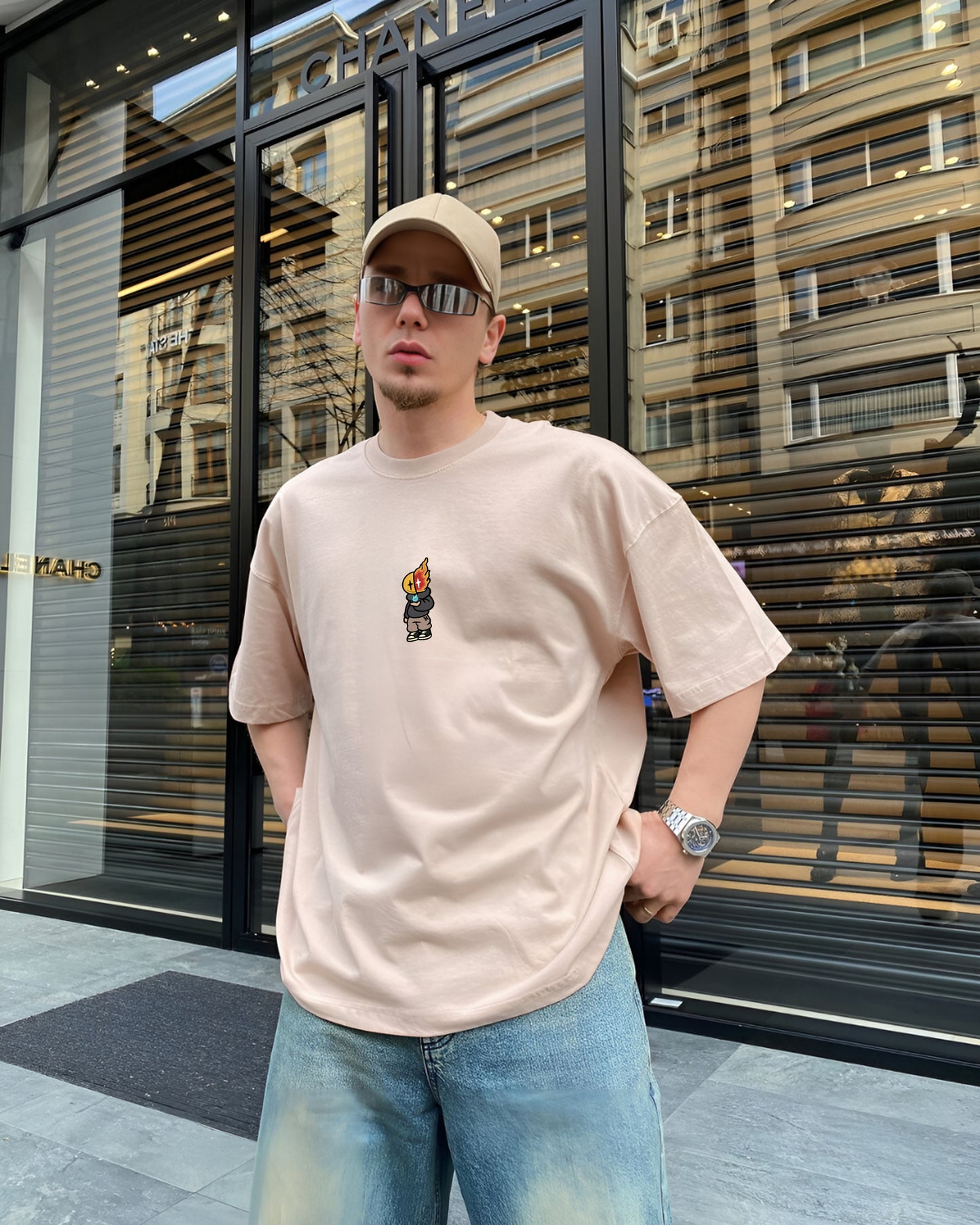 Beige "Fire Boy" Printed Oversize T-Shirt